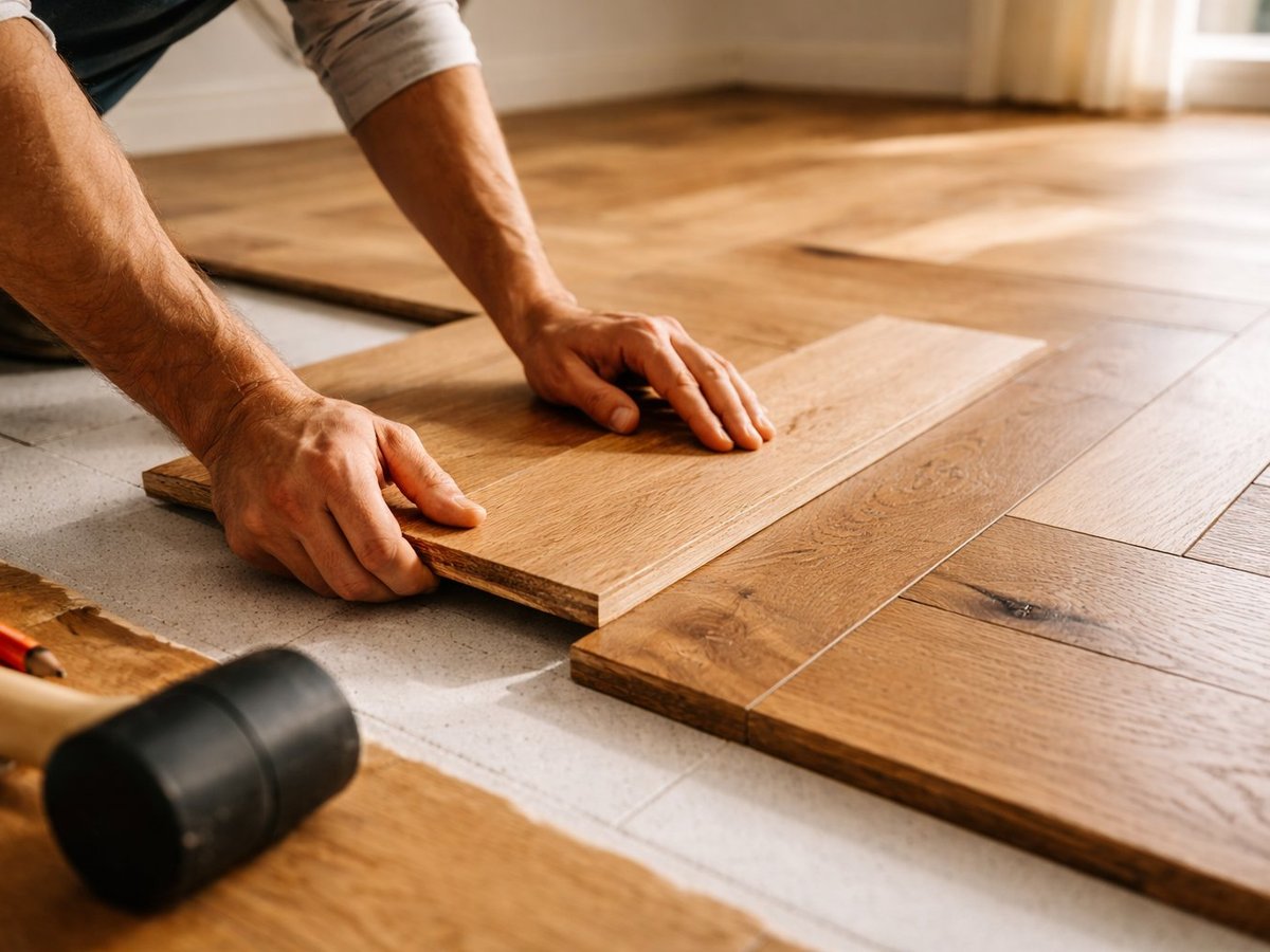 Vakman legt eiken parketvloer in visgraatpatroon