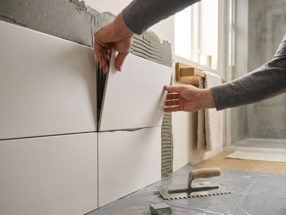 Tegelzetter plaatst grote keramische tegels in badkamer