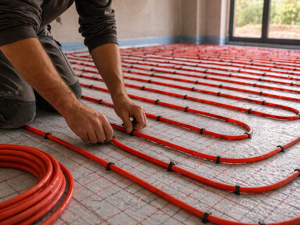 Installatie van vloerverwarmingsleidingen op isolatieplaat